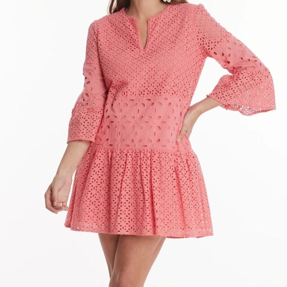 Tyler Boe Isla Eyelet Dress Pink Tunic Bell Sleeve Tiered Shift Ruffle Medium